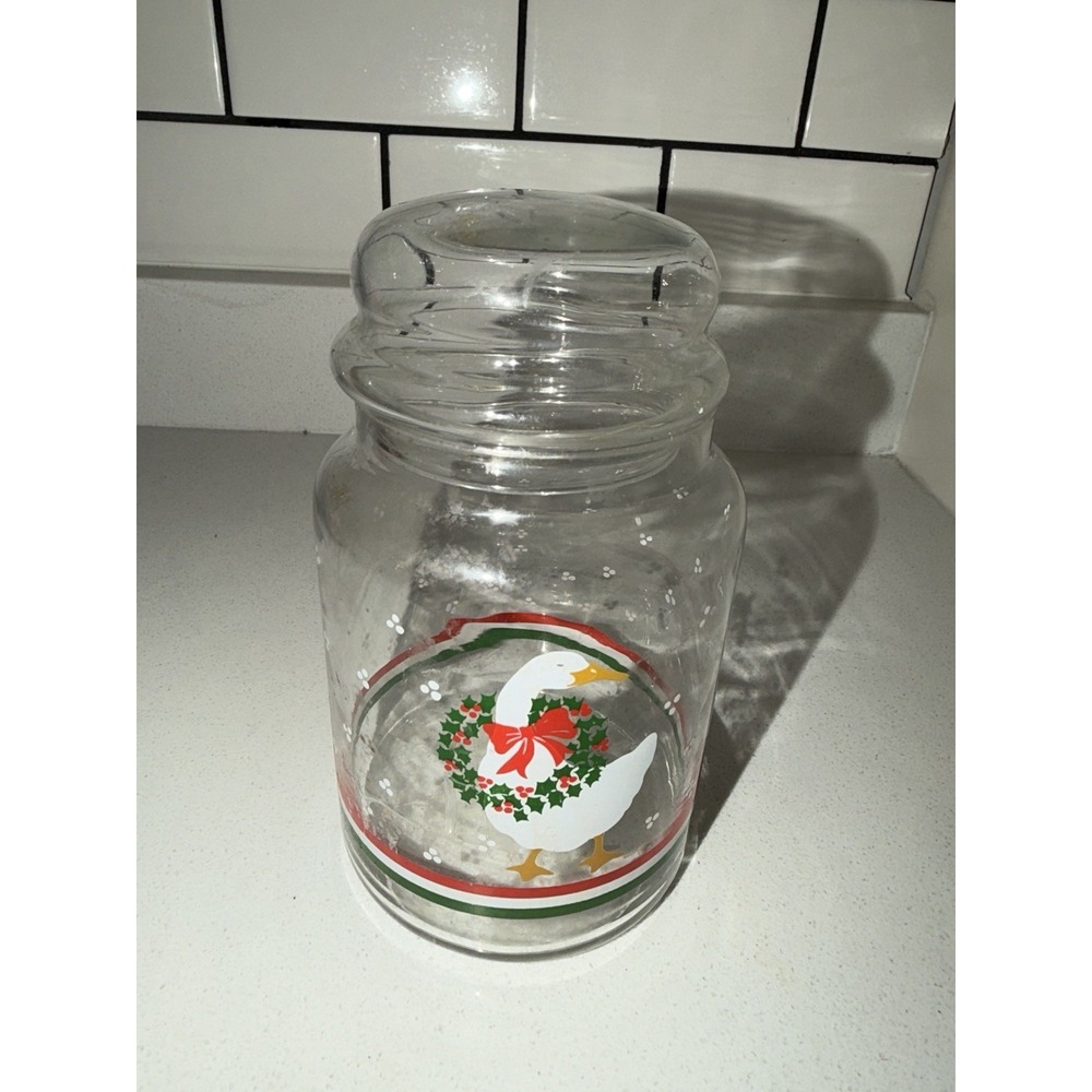 Libbey Apothecary Glass Jar W/Lid Christmas Goose & Wreath VINTAGE EUC